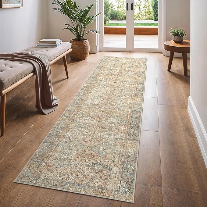 Bavni 2x10 Runner Rug Non Slip, Machine Washable Rug Runners for Hallways, Vintage Distressed Print Kitchen Runner, Low Pile Lightweight Carpet for Entryway Laundry Bedroom Bathroom Wood Brown