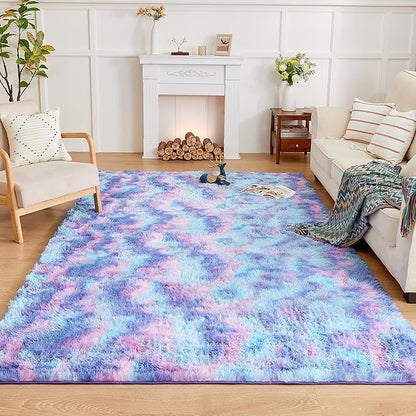 Andency Soft Area Rugs for Living Room Bedroom, 3x5 Non-Slip Fluffy Shag Carpet, Indoor Floor Fuzzy Shaggy Living Room Plush Rug for Kids Dorm Nursery Home Decor Aesthetic, Tie-Dyed Unicorn Rainbow