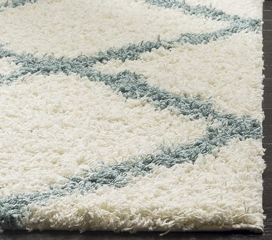 SAFAVIEH Dallas Shag Collection Runner Rug - 2'3" x 8', Ivory & Light Blue, Trellis Design, Non-Shedding & Easy Care, 1.5-inch Thick Ideal for High Traffic Areas in Living Room, Bedroom (SGD257J)