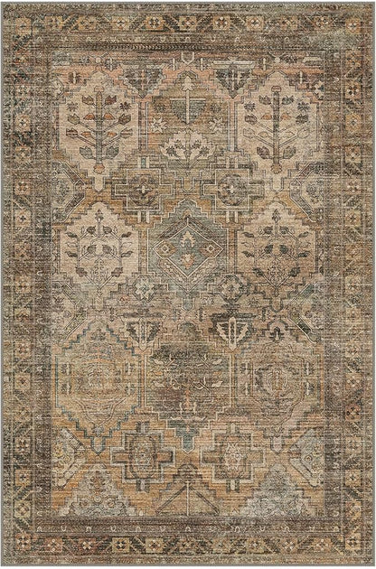 Bavni 2x3 Entryway Rug Bathroom Rugs for Front Door Bedroom Bathroom Kitchen, Washable Vintage Print Carpet, Ultra-Thin Chenille Lightweight Rug with Non Slip Backing, Warm Taupe