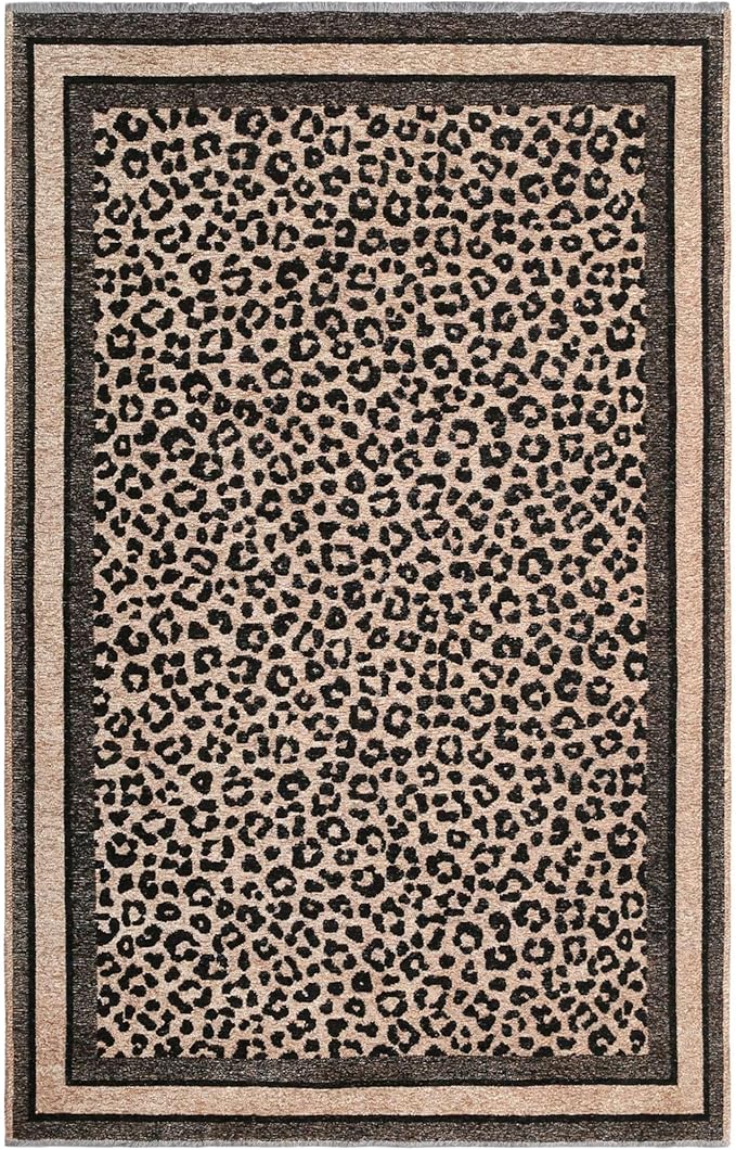 Alfa Rich 7x10 Leopard Beige Black Washable Area Rugs for Living Room Bedroom Kitchen Cotton Rug