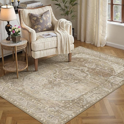 4x6 Washable Vintage Area Rug for Living Room Bedroom Non Slip Distressed Traditional Soft Throw Rug Beige Brown Low Pile Lightweight Floral Carpet Laundry Dining Room Kitchen Office Beside Bed