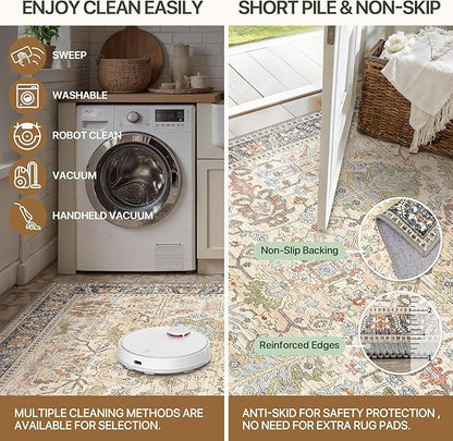 Clearance 10x14 Area Rugs for Living Room, Boho Machine Washable Rugs Non-Slip, Extra Lage Vintage Rugs for Bedroom Dinning Room, Morden Vintage Floral Farmhouse Cottage Carpet, Ivory/Teal