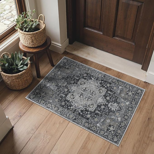 Area Rug 2x3 Doormat, Machine Washable Low Pile Rugs, Small Retro Entryway Mat for Entrance, Hallway, Kitchen and Corridor, Dark Gray