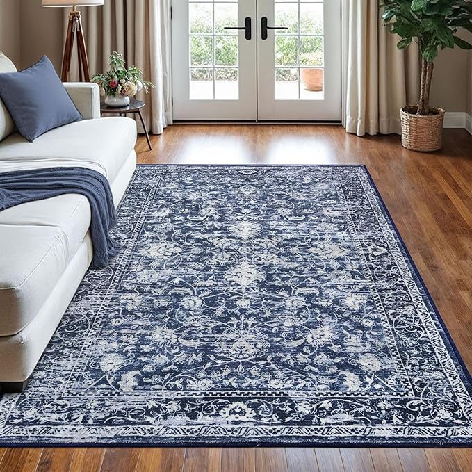 KILOCOCO Area Rug 5x7 Living Room Rug Washable Printed Vintage Floral Non Slip Soft Rubber Backed Indoor Bedroom Rugs for Laundry Room Kitchen Playroom Moroccan Area Rugs, Blue