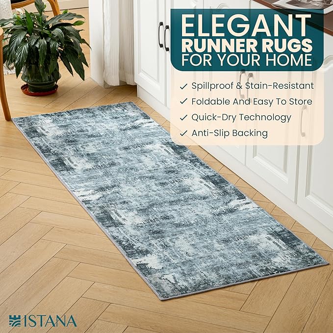 Istana Hallway Runner Rug 2x6 - Blue Kitchen Rugs Non Slip Washable -Silk's Soft Touch Carpet Runner - Stylish Rug Runner for Home