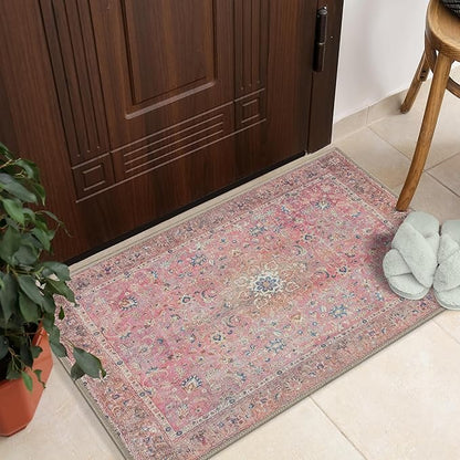 GLN Rugs Traditional Collection - Machine Washable Area Rug, Traditional Washable, Non Slip, Low Pile Chenille Rug, Living Room, Bedroom, Kitchen Rug (2' x 3' Pink/Cream)