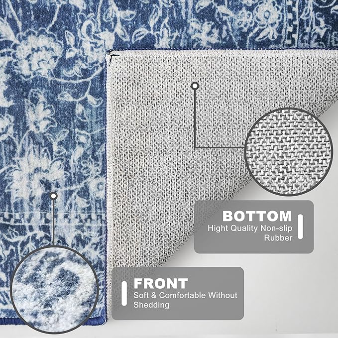 KILOCOCO Area Rug 5x7 Living Room Rug Washable Printed Vintage Floral Non Slip Soft Rubber Backed Indoor Bedroom Rugs for Laundry Room Kitchen Playroom Moroccan Area Rugs, Blue