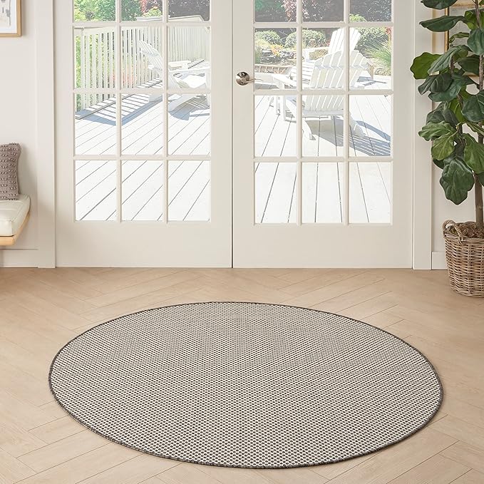 Nourison Home Courtyard Ivory Charcoal 5' x Round Area Rug - Easy Clean, Non Shedding, Bed Room, Living Room, Dining Room, Kitchen (5' x Round)