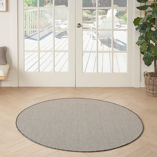 Nourison Home Courtyard Ivory Charcoal 5' x Round Area Rug - Easy Clean, Non Shedding, Bed Room, Living Room, Dining Room, Kitchen (5' x Round)