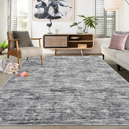 RUGSREAL Living Room Area Rug 9x12 Machine Washable Rug Non-Slip Stain Resistant Modern Abstract Bedropm Rug Contemporary Accent Floor Carpet for Dining Room Solid Area Rug for Home Office, Ivory/Grey