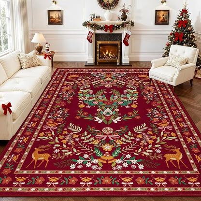 8x10 Area Rugs Living Room Rug: Christmas Washable Rug Floral Soft Carpet Indoor Floor Non-Slip Boho Stain Resistant Large Carpets for Bedroom Kids Nursery Dining Room Farmhouse Home Office Red