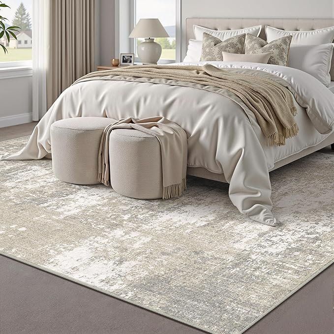 Modern Abstract Beige Gray Area Rug 3x5 Entryway Machine Washable Office Carpet Kitchen Door Mat Indoor Accent Throw Low Pile Non Slip Distressed Living Dining Laundry Room Bedroom