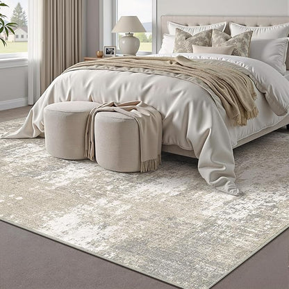 Modern Abstract Beige Gray Area Rug 5x7 Machine Washable Large Carpet Neutral Kitchen Indoor Accent Throw Low Pile Non Slip Distressed Living Dining Room Bedroom Office
