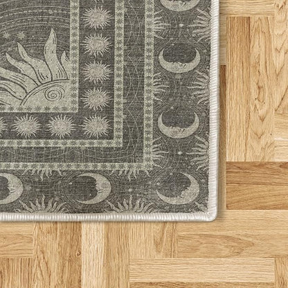 Ambesonne Sun and Moon Decorative Rug, Bohemian Artwork Design of Crescent Solar Ornament Esoteric Stars Ornaments, Quality Carpet for Bedroom Dorm and Living Room, 2' 2" x 3' 7", Sage Green