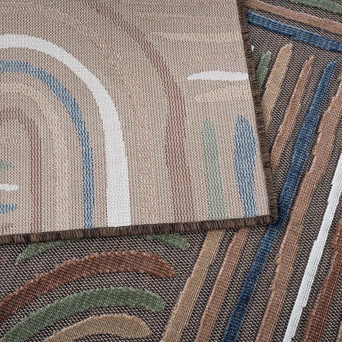 CAMILSON Indoor Outdoor Rug, Brown 5x7 Geometric Arch Striped Area Rugs for Patio and Home Areas, Easy-Cleaning Non-Shedding Living Room, Garden and Deck Washable Outside Carpet (5 x 7)