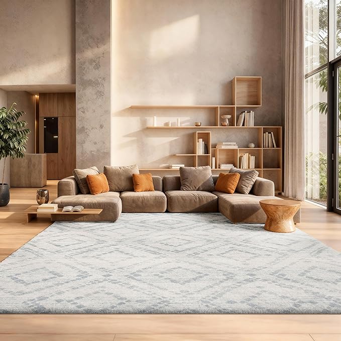 SAFAVIEH Adirondack Collection Area Rug - 10' Square, Ivory & Light Blue, Modern Diamond Distressed Design, Non-Shedding & Easy Care, Ideal for High Traffic Areas in Living Room, Bedroom (ADR131T)