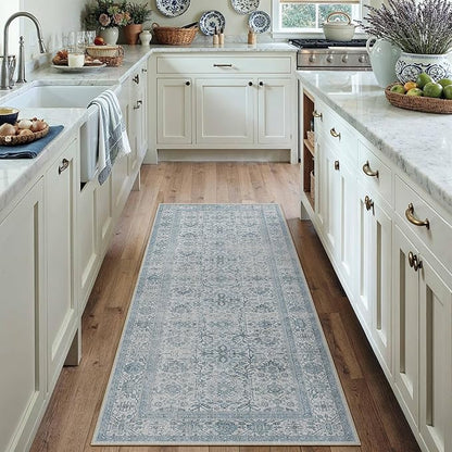 Blue Runner Rug 2x6 Hallway Washable Carpet Soft Vintage Indoor Kitchen Non Slip Bedroom Traditional Retro Distressed Thicker Throw Long Rug Bathroom Laundry Entryway Office Dining Room