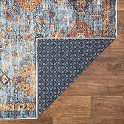 Bloom Rugs Washable Non-Slip 2' x 3' Rug - Blue/Orange Traditional Bordered Area Rug for Living Room, Bedroom, Dining Room, and Kitchen - Exact Size: 2' x 3'
