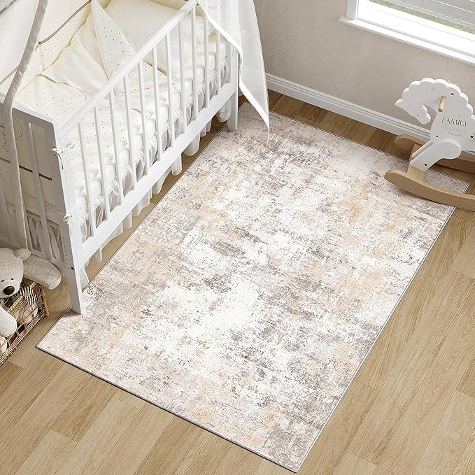 3x5 Washable Area Rug Beige Grey Abstract Entryway Office Throw Rug Neutral Modern Non Slip Soft Low Pile Small Carpet for Kitchen Living Room Bedroom Entrance
