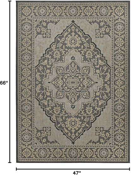 FH Home Flat Woven Outdoor Rug - Waterproof, Easy to Clean, Stain Resistant - Premium Polypropylene Yarn - Vintage - Patio, Deck,Porch,Balcony,Laundry - Ankara - Charcoal - 3ft 11 in x 5ft 6in