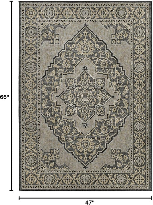 FH Home Flat Woven Outdoor Rug - Waterproof, Easy to Clean, Stain Resistant - Premium Polypropylene Yarn - Vintage - Patio, Deck,Porch,Balcony,Laundry - Ankara - Charcoal - 3ft 11 in x 5ft 6in