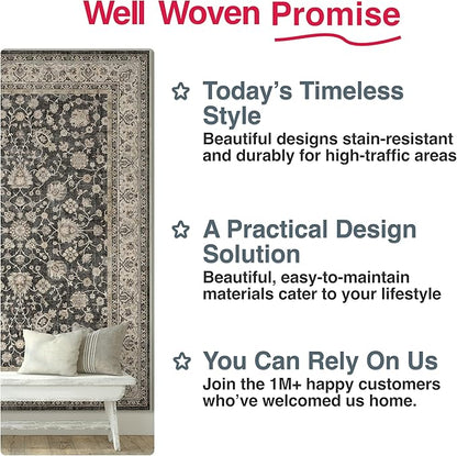 Well Woven Asha Rome Black 9'10" x 13' Area Rug - Oriental Floral Pattern, Easy Clean, Floor-Friendly Backing - for Living Room, Bedroom, and Dining Room