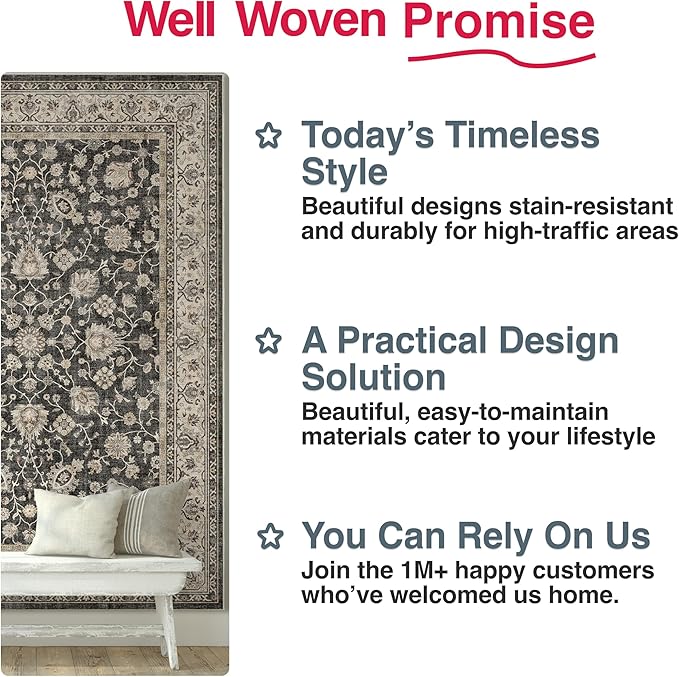 Well Woven Asha Rome Black 2'3" x 7'3" Runner Rug - Oriental Floral Pattern, Easy Clean, Floor-Friendly Backing - for Hallway, Entryway, and Kitchen