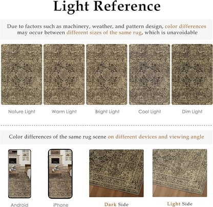 8x10 Brown Washable Vintage Area Rug for Living Room Bedroom Soft Tranditional Non Slip Large Throw Rug Lightweight Floral Low Pile Distressed Carpet Office Playroom Dining Room