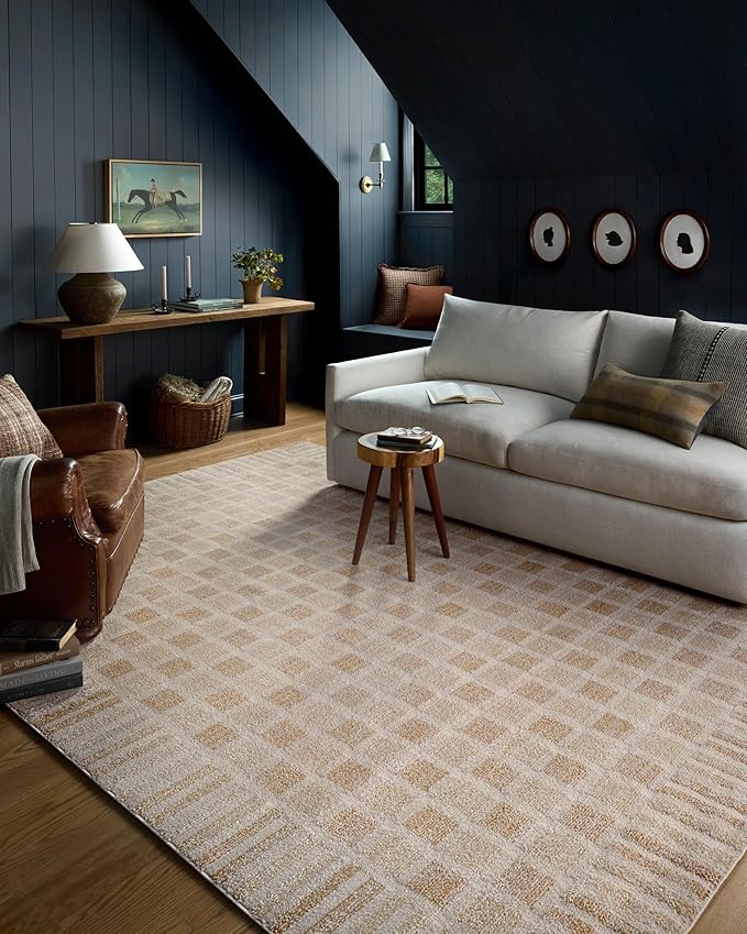 Loloi Chris Loves Julia Calvin Collection CLV-03 Bone/Natural 3'-6" x 5'-6" Accent Rug Checkered Neutral Soft Living Room Bedroom Carpet