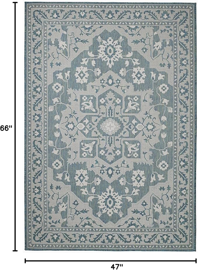 FH Home Flat Woven Outdoor Rug - Waterproof, Easy to Clean, Stain Resistant - Premium Polypropylene Yarn - Vintage - Patio, Deck, Porch, Balcony, Laundry - Shiraz - Ocean - 3ft 11 in x 5ft 6in