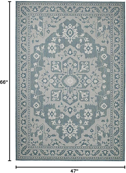 FH Home Flat Woven Outdoor Rug - Waterproof, Easy to Clean, Stain Resistant - Premium Polypropylene Yarn - Vintage - Patio, Deck, Porch, Balcony, Laundry - Shiraz - Ocean - 3ft 11 in x 5ft 6in