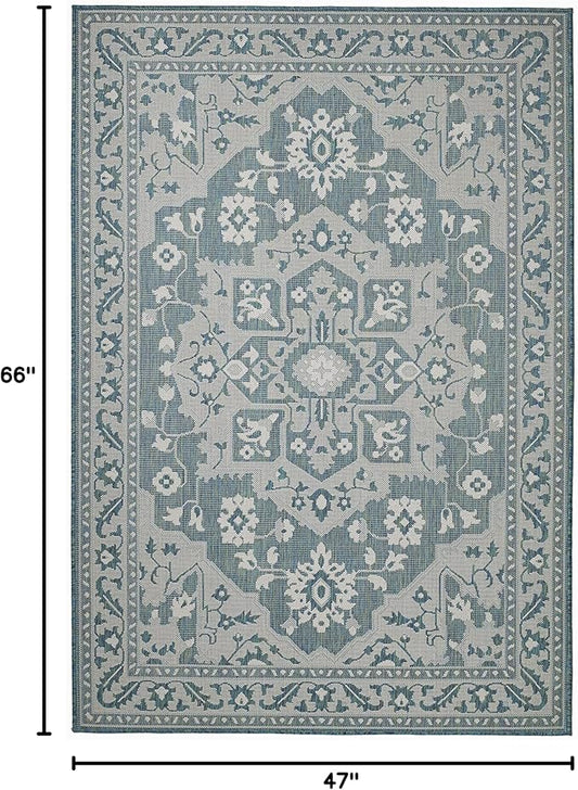 FH Home Flat Woven Outdoor Rug - Waterproof, Easy to Clean, Stain Resistant - Premium Polypropylene Yarn - Vintage - Patio, Deck, Porch, Balcony, Laundry - Shiraz - Ocean - 3ft 11 in x 5ft 6in
