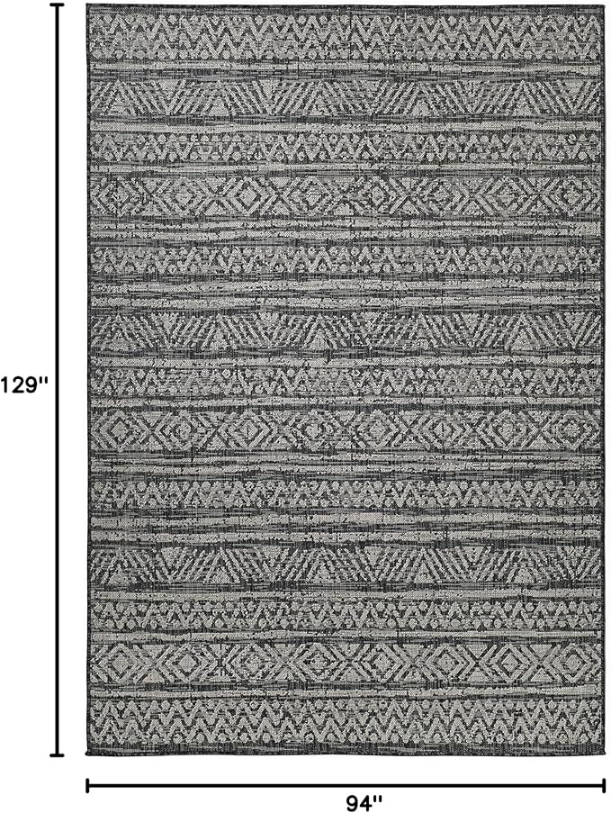 FH Home Flat Woven Outdoor Rug - Waterproof, Easy to Clean, Stain Resistant - Premium Polypropylene Yarn - Striped Boho - Large Patio, Deck, Sunroom - Amman - Charcoal - 7ft 10in x 10ft 9in