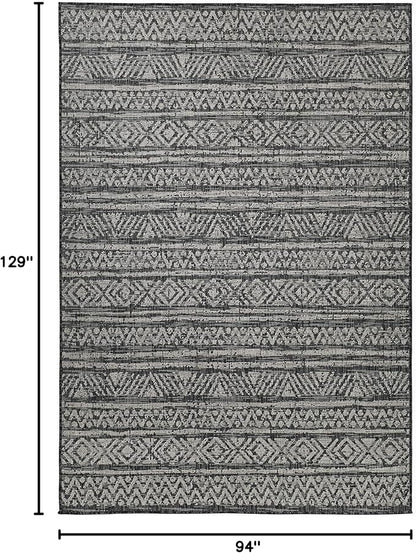 FH Home Flat Woven Outdoor Rug - Waterproof, Easy to Clean, Stain Resistant - Premium Polypropylene Yarn - Striped Boho - Large Patio, Deck, Sunroom - Amman - Charcoal - 7ft 10in x 10ft 9in