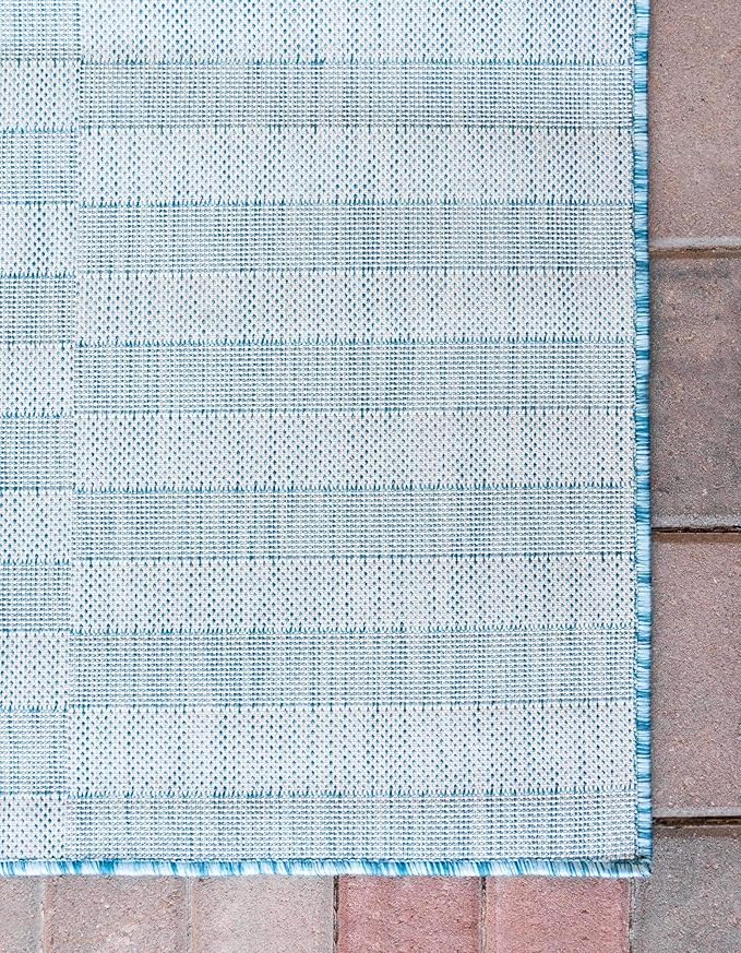 Unique Loom Outdoor Striped Collection Area Rug - Striped (2' x 6' 1" Runner, Light Aqua/Ivory)