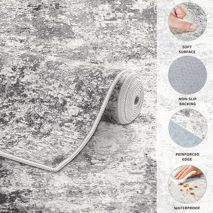 6ft Round Area Rug Living Room Rugs - 6x6 Washable Neutral Modern Abstract Soft Thin Rug Indoor Floor No Slip Rug Carpet for Bedroom Under Dining Table Home Office Decor - Grey