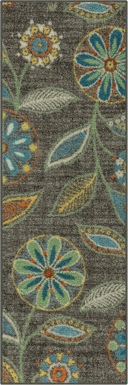 Maples Rugs Reggie Floral Runner Rug - Made in USA - Washable, Non Slip Indoor Carpet for Kitchen, Hallway, and Laundry Room, 1'8 x 5, Dark Grey
