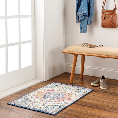 Livabliss Area Rugs - 2x3 Romaine Vintage Boho Fuchsia Mustard Blue Area Rug for Living Room Bedroom - Floral Medallion Stain Resistant Carpet for Kitchen, Nursery, Office (2' x 3')