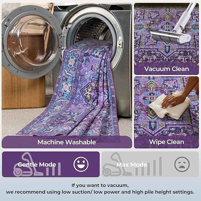 Kokia 9x12 Washable Area Rugs Violet Purple with Vintage Orient Design, Soft Rug for Living Room or Bedroom, Non-Slip Low Pile Stain Resistance Features, Distressed Medallion Pattern
