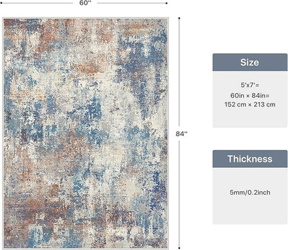 5x7 Area Rugs Washable Blue Rug for Living Room Bedroom, Abstract Modern Large Rug Non Slip, Water Repellent Low Pile Soft Carpet for Dining Room, Blue Rust
