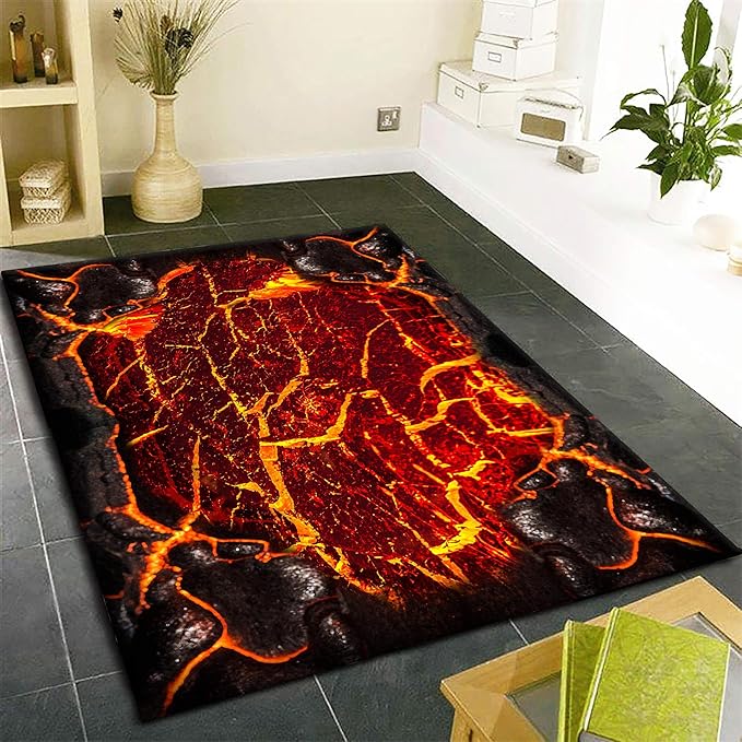 Visual Illusion Lava Area Rug, 4x6ft, 3D Red Flame Volcanic Rock Carpet for Living Room, Fade Resistant Absorbent Floor Mat, No Crease Foldable Soft Low Pile Rugs for Bedside Hallway
