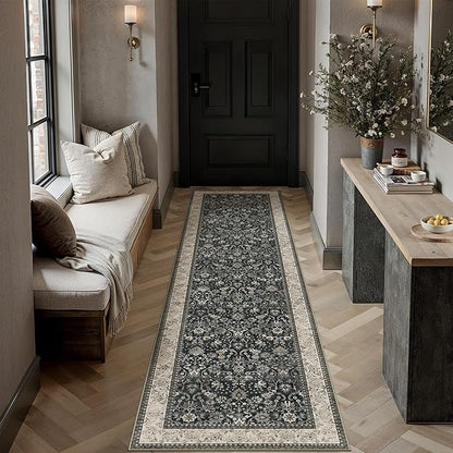 HUGEAR 2x6 Runner Rug Machine Washable Black Beige Hallway Area Rugs Indoor Accent Rugs Floral Low Pile Carpet Distressed Throw Rugs Bedroom Living Room Office Dining Kitchen Laundry Non Slip