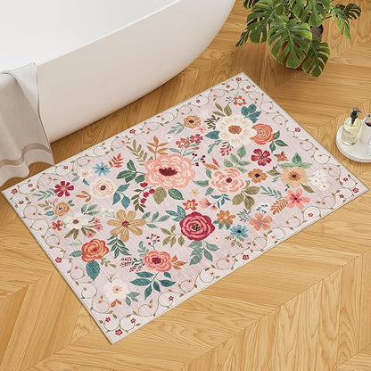 DUKINO 2x3 Rugs for Entryway, Floral Indoor Washable Door Mat, Non Slip Boho Small Rug for Kitchen, Soft Low Pile Front Door Throw Rug for Entrance, Bedroom, Kitchen, Laundry, Bathroom, Beige