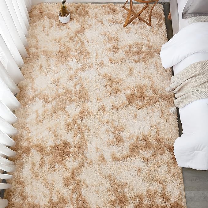 Andency 6x9 Area Rugs, Large Shag Fluffy Soft Shaggy Rugs for Living Room Bedroom, Non-Slip Tie-Dyed Beige Thick Plush Carpet for Kids Girls and Boys, Dorm Nursery Home Decor Aesthetic