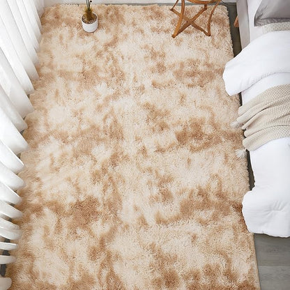 Andency 6x9 Area Rugs, Large Shag Fluffy Soft Shaggy Rugs for Living Room Bedroom, Non-Slip Tie-Dyed Beige Thick Plush Carpet for Kids Girls and Boys, Dorm Nursery Home Decor Aesthetic