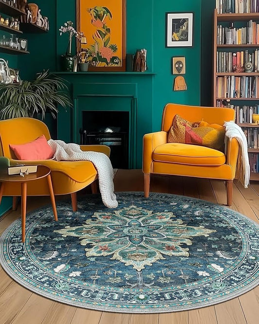 Area Rugs 5ft Washable Non-Slip, Floral Vintage Distress Print Pattern Medallion Carpet for Living Room Bedroom Dining Room, Teal Green Lake Blue Turquoise