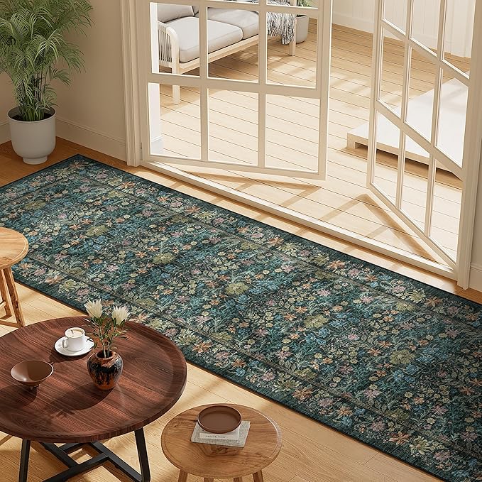 DUKINO 2x6 Runner Rug for Hallway, Washable Vintage Floral Kitchen Rug with Non Slip Backing, Soft Low Pile Throw Carpet Runner for Kitchen, Laundry, Hallway, Bathroom, Blue