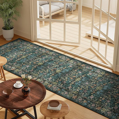 DUKINO 2.6x8 Runner Rug for Hallway, Washable Vintage Floral Kitchen Rug with Non Slip Backing, Soft Low Pile Throw Carpet Runner for Kitchen, Laundry, Hallway, Bathroom, Blue