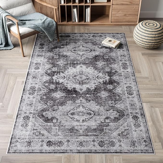 Dripex Vintage Washable Area Rug - 4x6 Distressed Rugs for Living Room Bedroom Oriental Medallion Floral Print Carpet Low-Pile Indoor Soft Non-Slip Accent Rug Farmhouse Office Home Decor